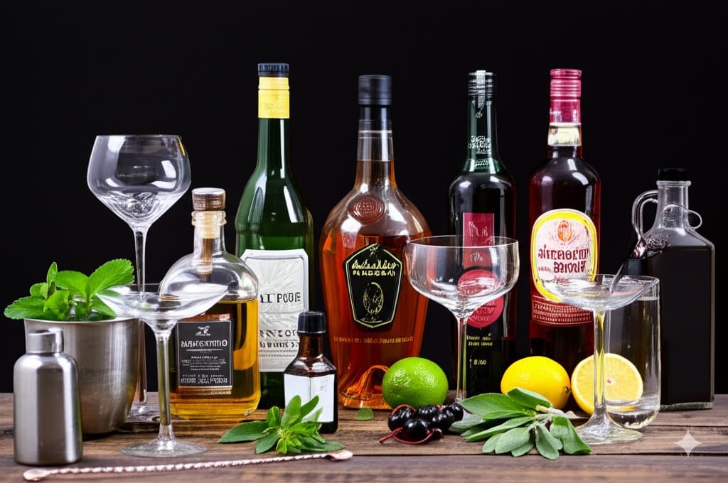 Collection of spirits, cocktail glasses, and fresh ingredients for mixology